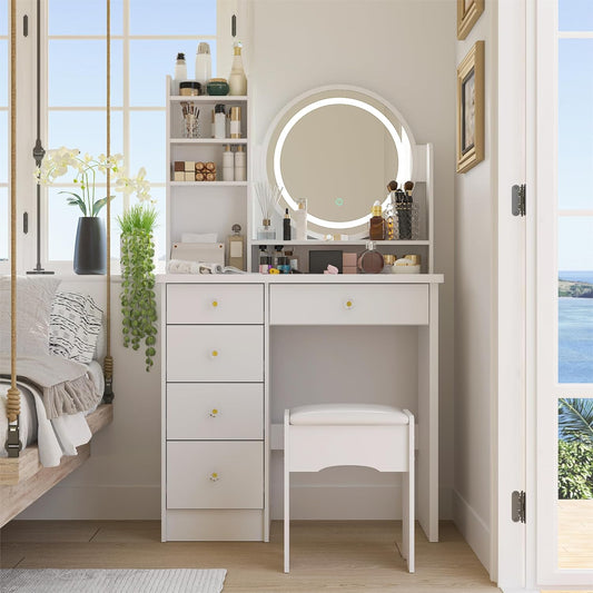 White Vanity Set with round Lighted Mirror, Makeup Vanity Dressing Table with 5 Drawers, Shelves, Dresser Desk and Cushioned Stool