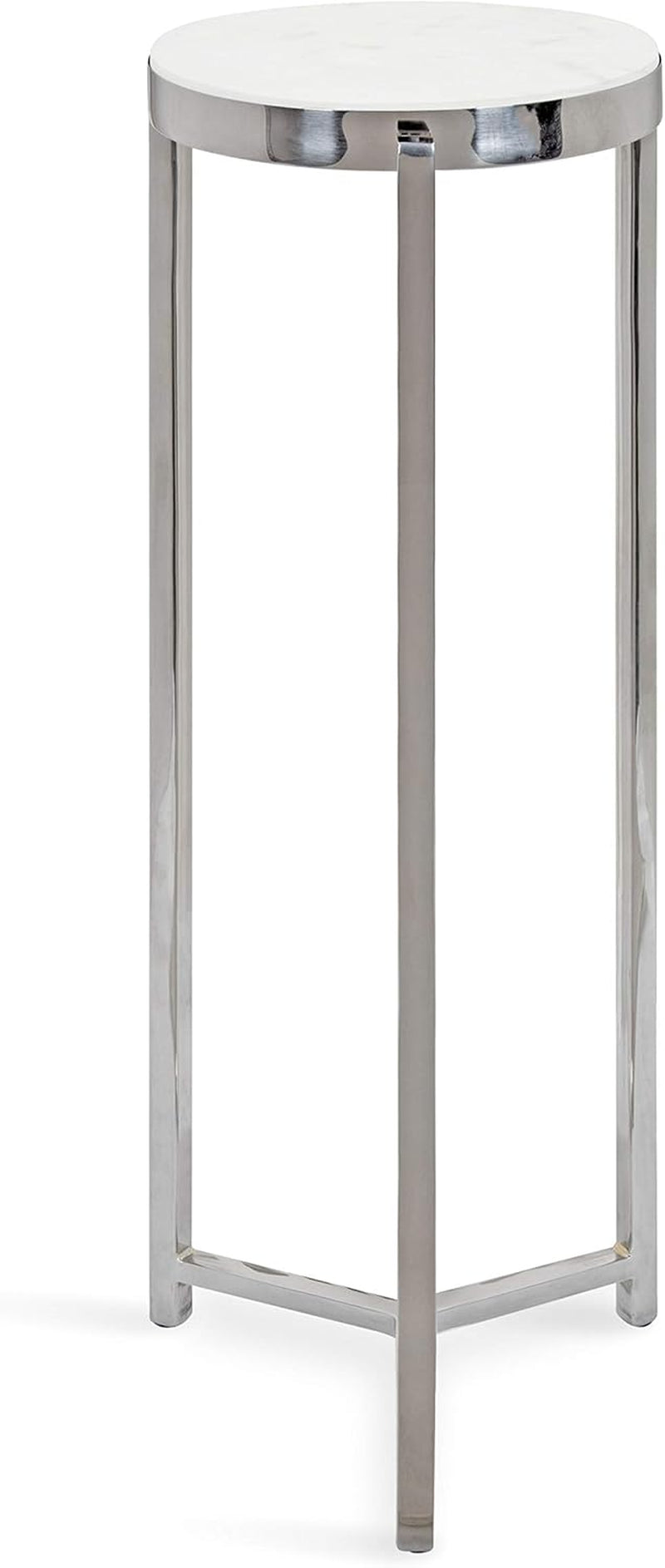 Aguilar Glam round Drink Table, 8 X 8 X 23, Silver and White, Small Accent Table for Use as Plant Pedestal Stand with Marble Tabletop