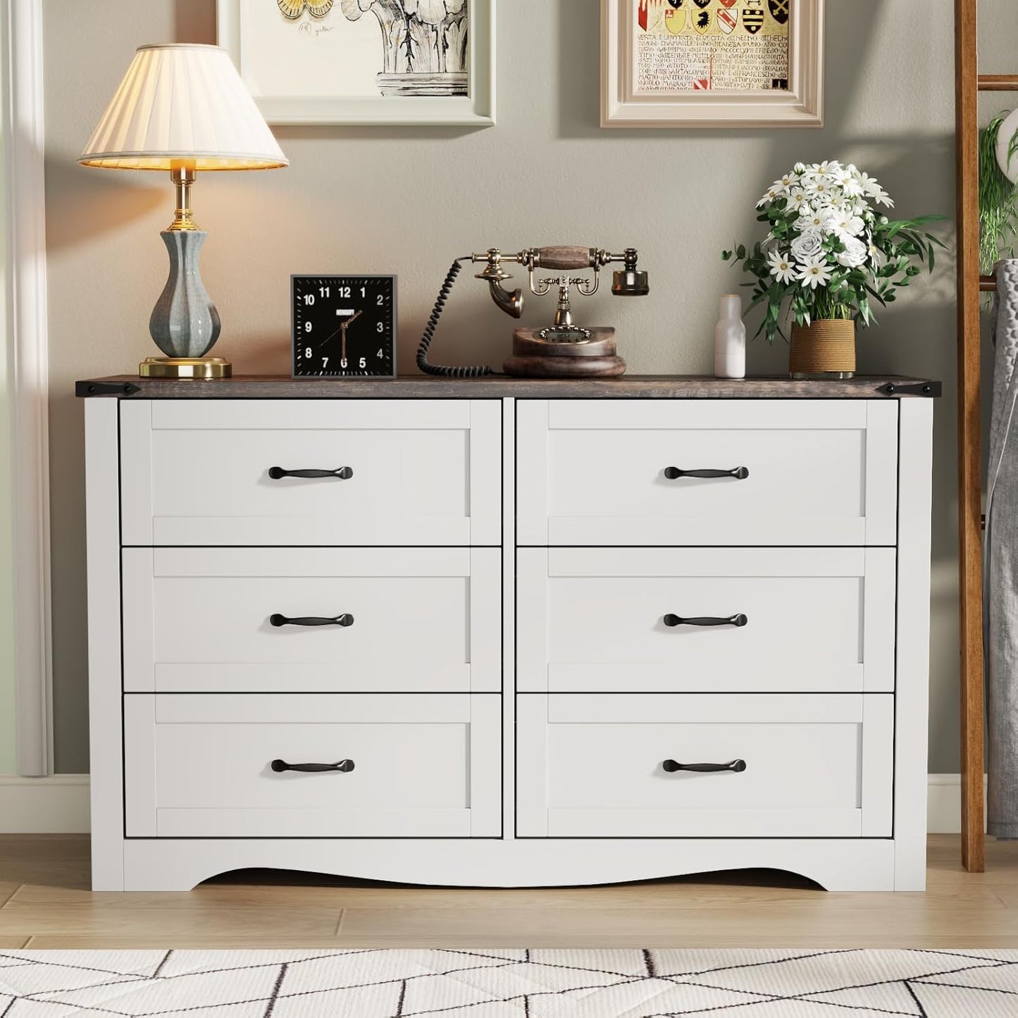 Farmhouse 6 Drawers Double Dresser for Bedroom, Modern White Dresser Chest of Drawers, Wide Dressers Organizer, Accent Storage Cabinet for Closet, Living Room, Hallway, Antique White