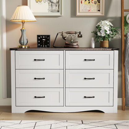 Farmhouse 6 Drawers Double Dresser for Bedroom, Modern White Dresser Chest of Drawers, Wide Dressers Organizer, Accent Storage Cabinet for Closet, Living Room, Hallway, Antique White