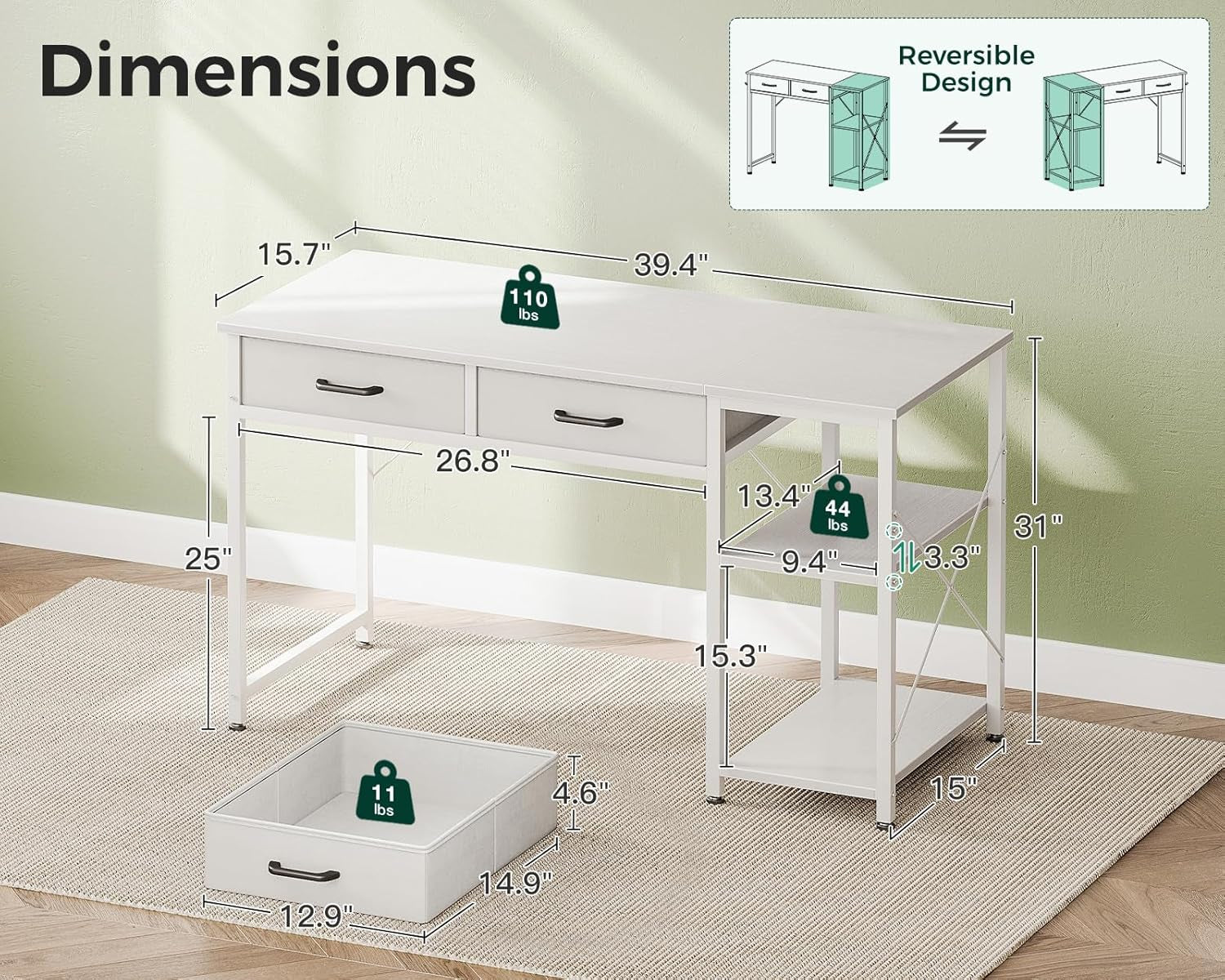 Small Computer Desk with Drawers, 40 Inch Reversible Home Office Desk with Storage Shelves, Study Laptop Vanity Table for Bedroom Small Space, White