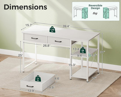Small Computer Desk with Drawers, 40 Inch Reversible Home Office Desk with Storage Shelves, Study Laptop Vanity Table for Bedroom Small Space, White
