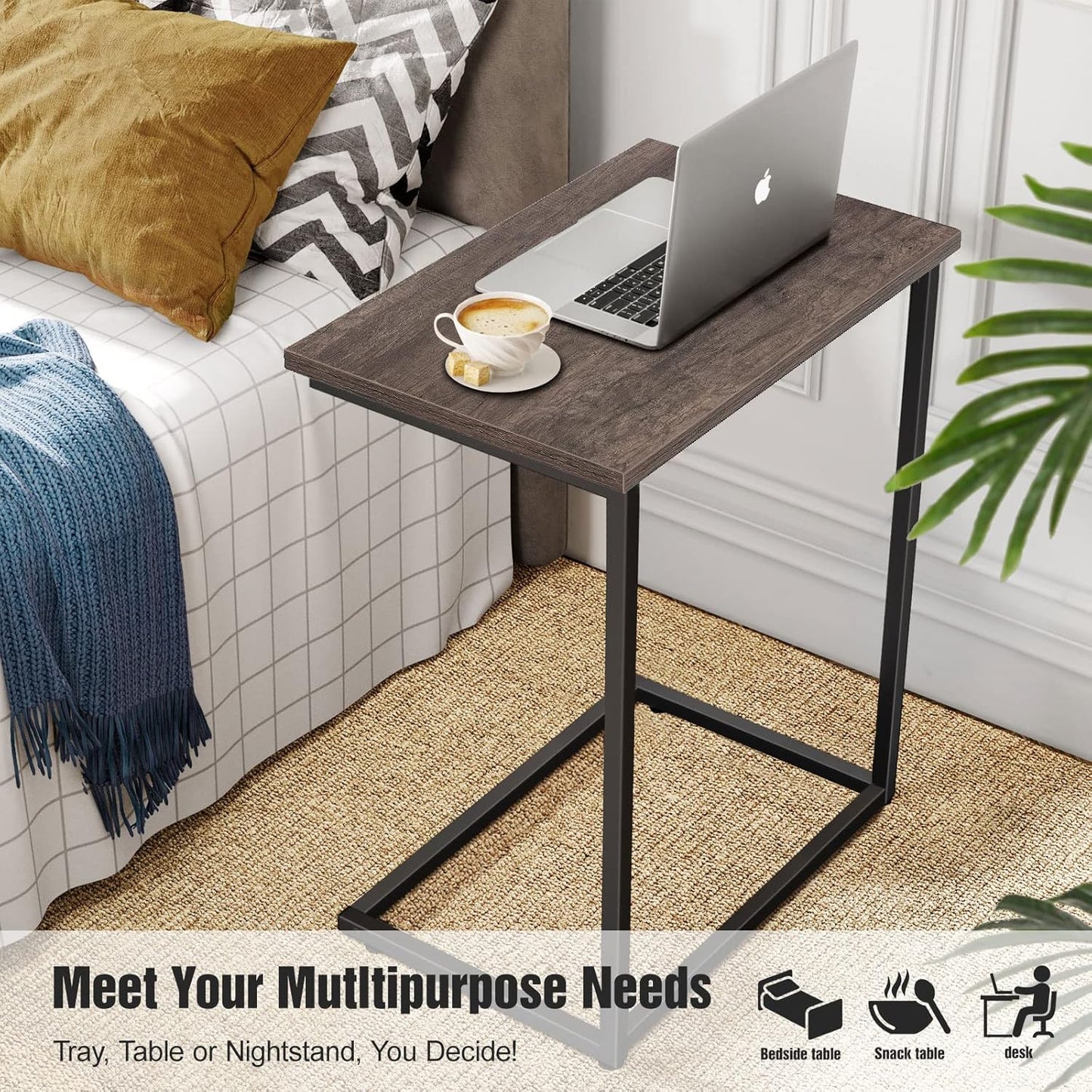 Sofa Side Table Couch End: C Shaped Table That Slide under for Small Spaces Bedside Living Room - Narrow C Tray Laptop Rustic Grey C Shaped End Table-3 C Shaped End Table-3