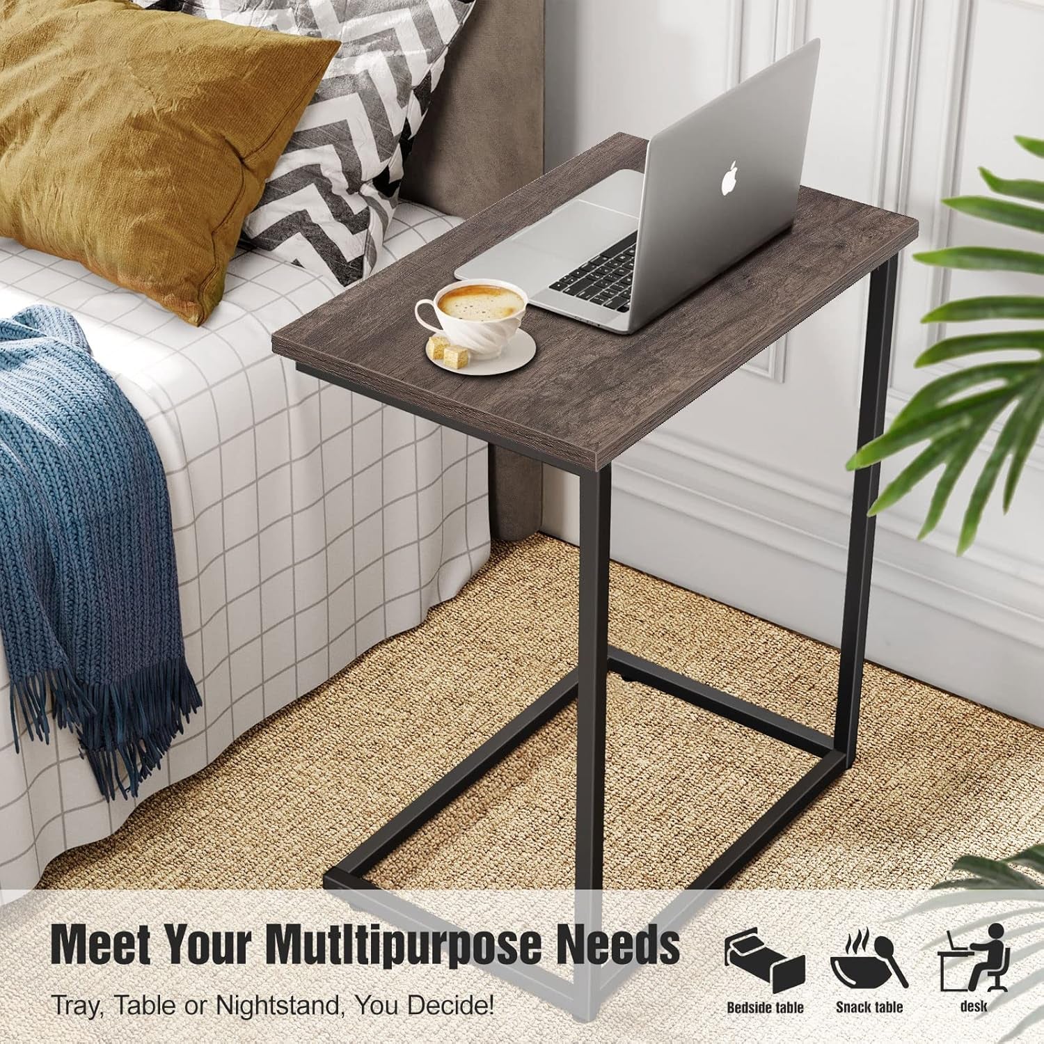 Sofa Side Table Couch End: C Shaped Table That Slide under for Small Spaces Bedside Living Room - Narrow C Tray Laptop Rustic Grey C Shaped End Table-3 C Shaped End Table-3