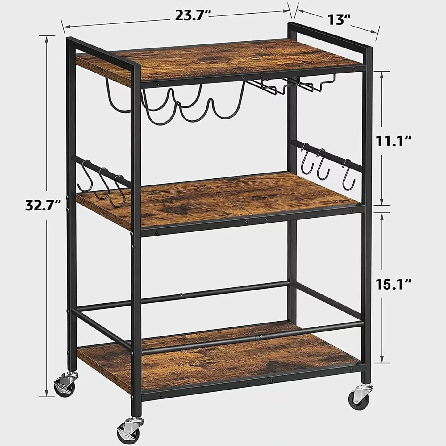 Bar Cart, Serving Cart for Home, Microwave Cart, Drink Cart, Mobile Kitchen Shelf with Wine Rack and Glass Holder, Rolling Beverage Cart BC01BB030