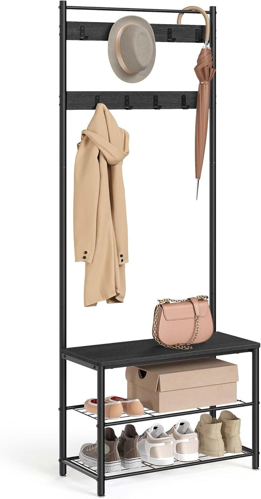 Coat Rack, Hall Tree with Shoe Storage Bench, Entryway Bench with Shoe Storage, 3-In-1, Steel Frame, for Entryway, 12.6 X 27.6 X 68.9 Inches, Industrial, Charcoal Gray UHSR041B01