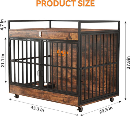 45 Inch Dog Crate Furniture for Large Dog with 2 Stainless Steel Bowls, Large Wooden Dog Crate Table, XL Heavy Duty Dog Kennel Indoor, for Decorate House as TV Stand, End Table