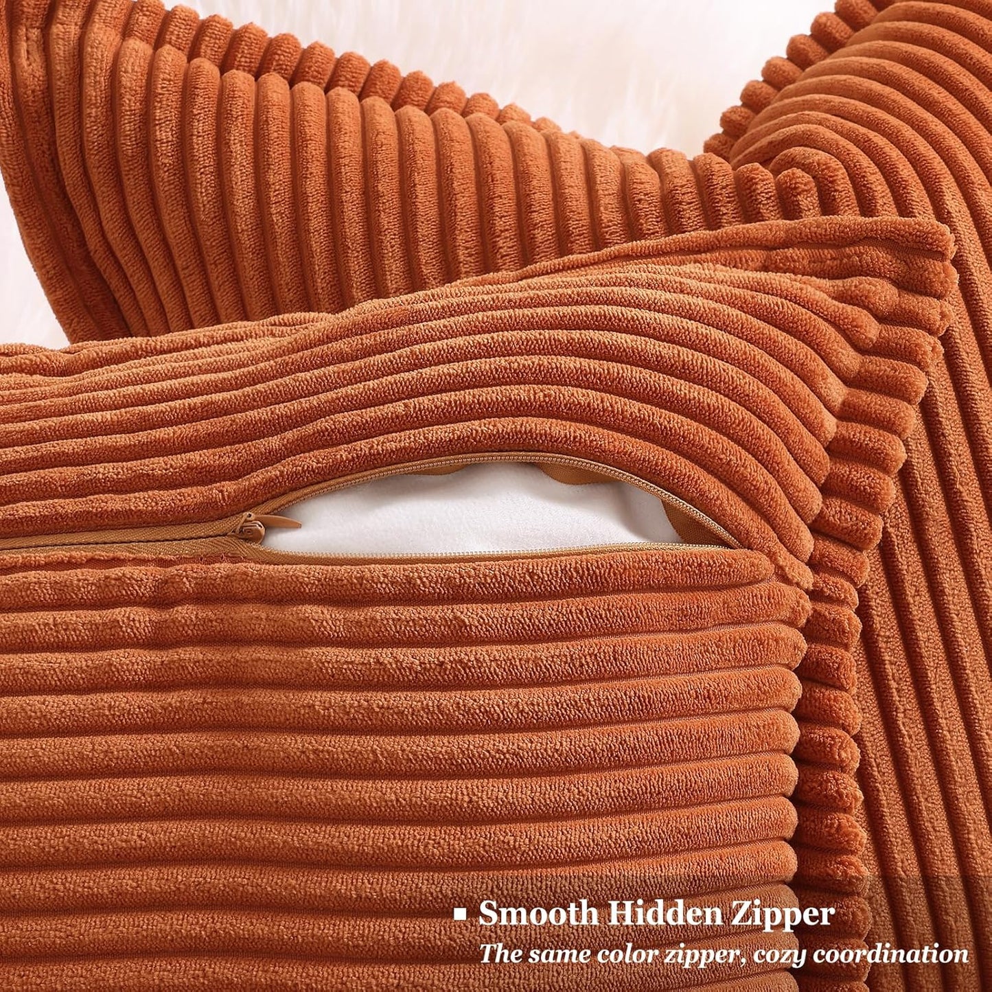 Fall Corduroy Rust Throw Pillow Covers 18X18 Set of 2 Decorative Soft Boho Farmhouse Euro Sham Couch Pillow Covers for Living Room Bed Sofa Broadside Striped Pillow Cases