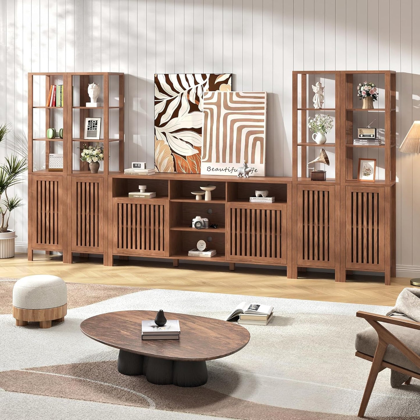 Farmhouse TV Stand for 70 Inch Tvs, Entertainment Center with Bookshelves - 6 Door Media Console with Adjustable Shelves, Storage Cabinet for Living Room Bedroom Home Theater, Rustic Brown