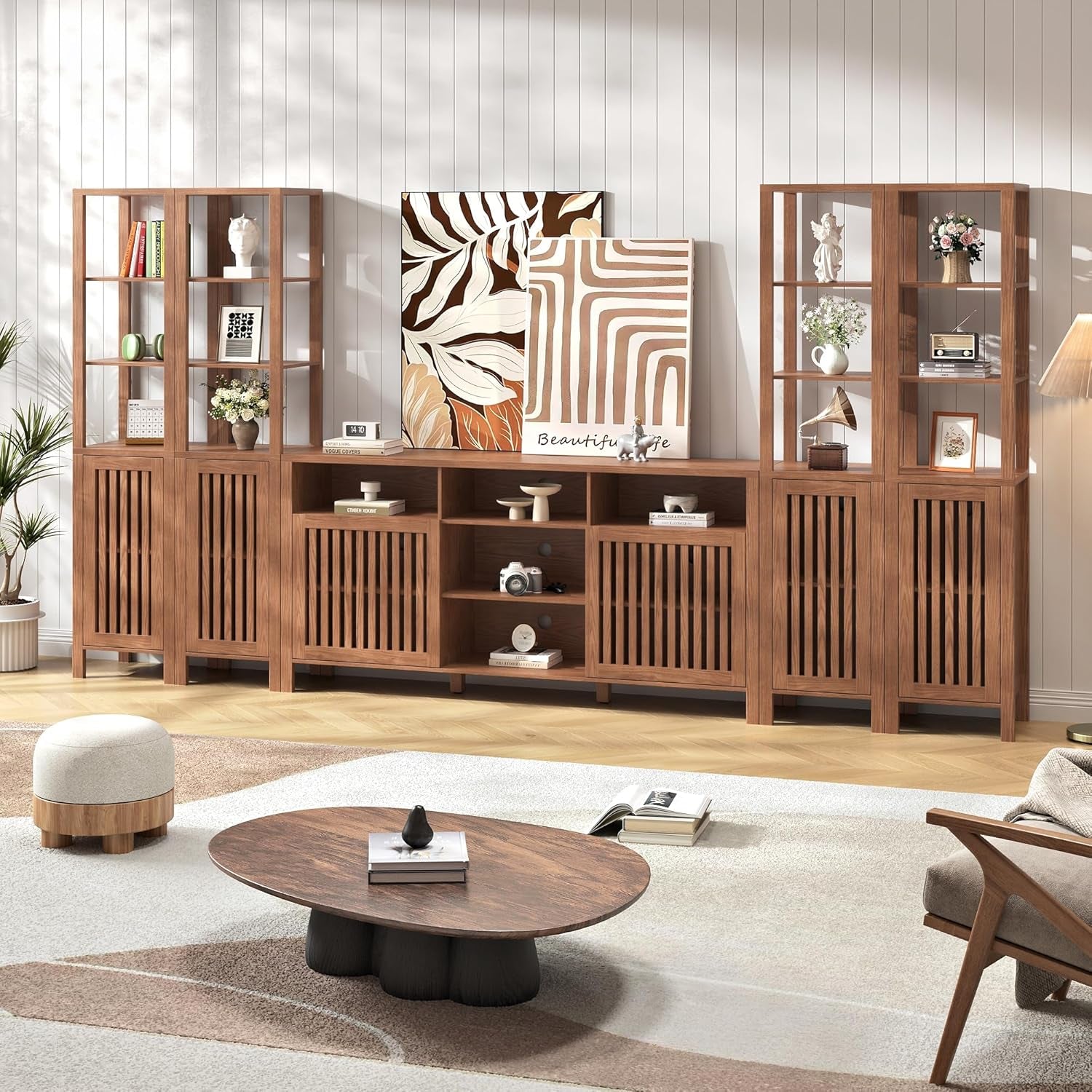 Farmhouse TV Stand for 70 Inch Tvs, Entertainment Center with Bookshelves - 6 Door Media Console with Adjustable Shelves, Storage Cabinet for Living Room Bedroom Home Theater, Rustic Brown