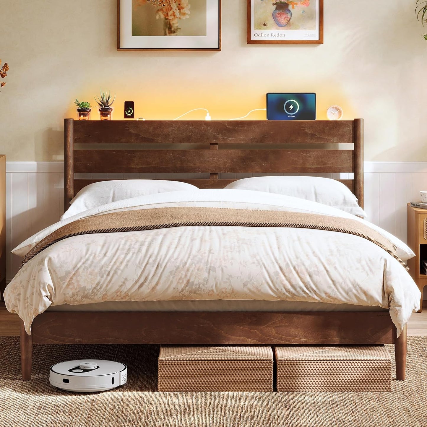 HOME King Bed Frame with Solid Wood Legs Slats, Platform Bed with Headboard, LED Lights, Charging Station, Mid-Century Modern Style, No Box Spring Needed, Coffee Brown URMB414K02