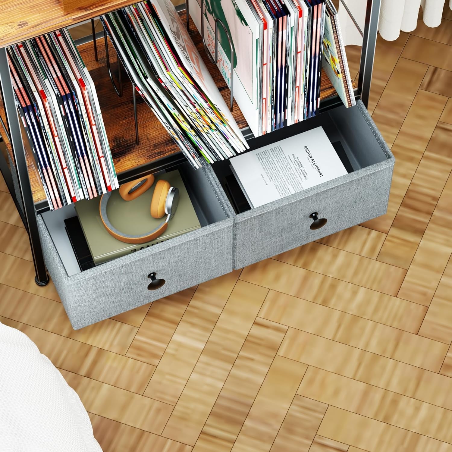 Record Player Stand with Vinyl Storage, 2-Tier Record Shelf Table with Fabric Drawer, Holds up to 110 Vinyl Records, Record Player Table for Turntable and Albums, 23.62"D × 11.81" W× 25.59"H