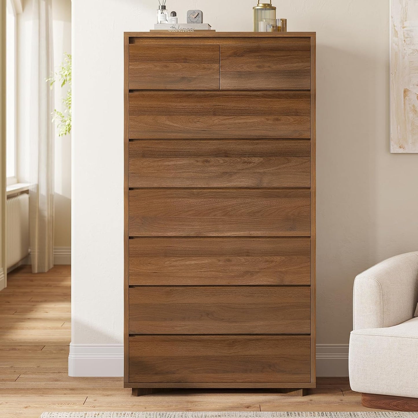 Tall Dresser for Bedroom, 61.1" Tall Dresser with 8 Drawers, Wood Dressers & Chests of Drawers, Accent Upright Drawer Organizers for Closet, Hallway