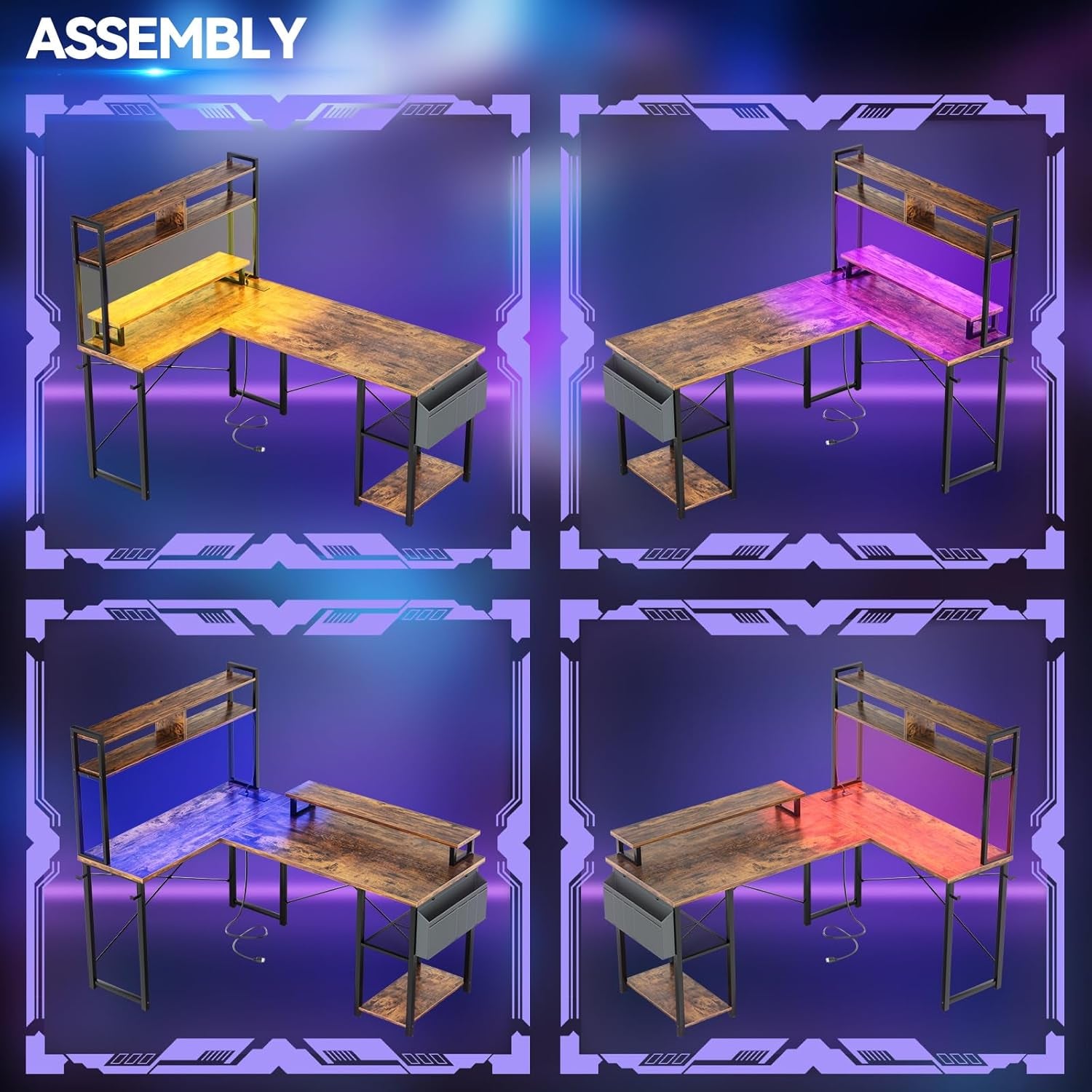 Small L Shaped Gaming Desk with LED Lights & Power Outlets, Reversible L-Shaped Computer Desk with Monitor Stand & Storage Shelf, Corner Desks Home Office Desk with Storage Bag, Rustic Brown