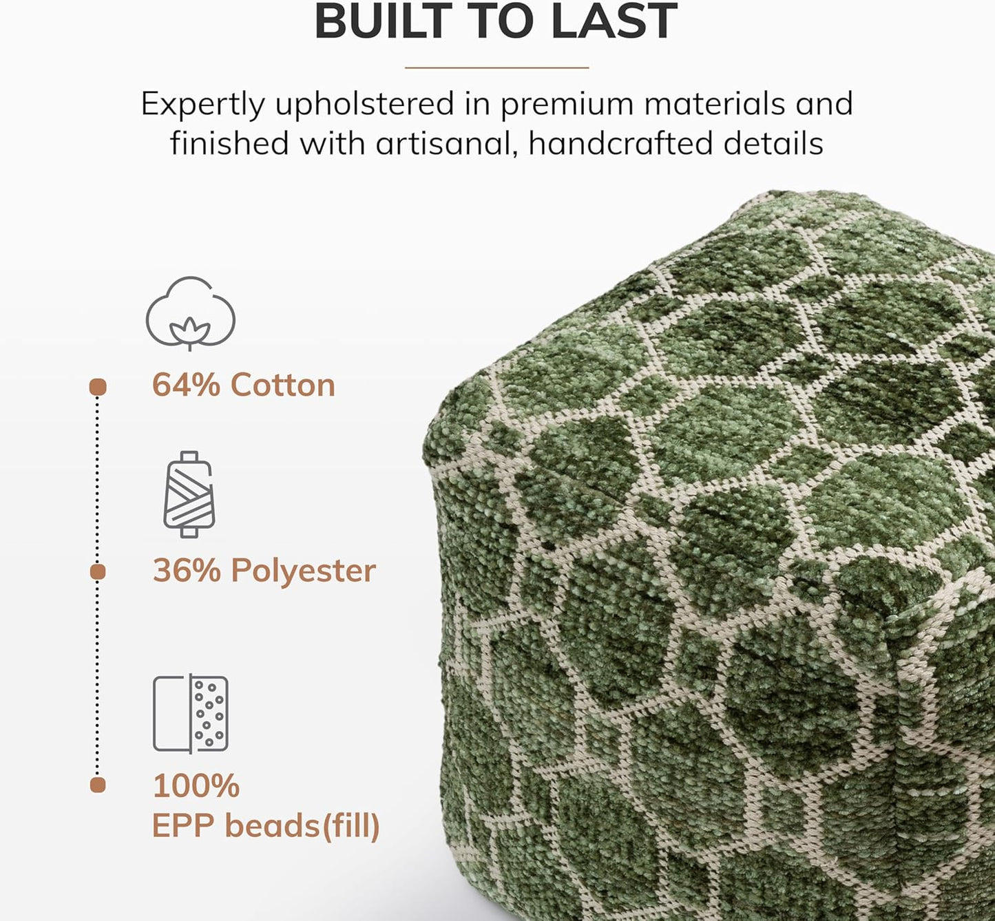 100% Handmade & Handcrafted Comfortable Home Décor Pouf Ottoman Footrest for Living Room, Bedroom, Nursery, Kidsroom, Patio Furniture - (20" X 20" X 20" - Green)