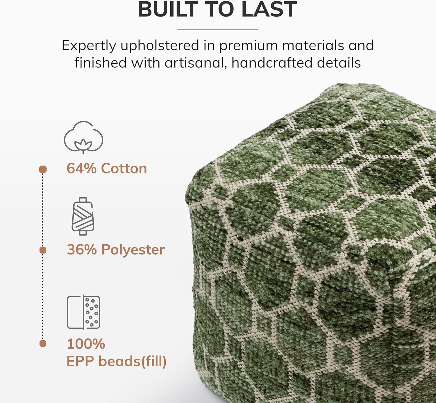 100% Handmade & Handcrafted Comfortable Home Décor Pouf Ottoman Footrest for Living Room, Bedroom, Nursery, Kidsroom, Patio Furniture - (20" X 20" X 20" - Green)