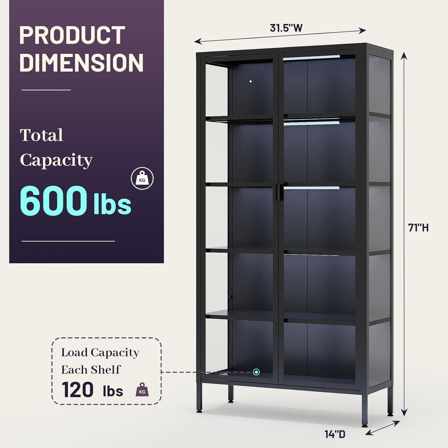 71" H Display Cabinet with Glass Doors,Display Case with LED Sensor Lights,Glass Display Cabinet with Adjustable Shelves and Feet,Display Cabinets for Living Room/Bedroom/Kitchen