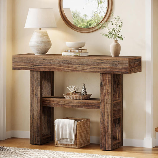 41.34-Inch Farmhouse Console Table, 2-Tier Narrow Sofa Table behind the Couch, Entryway Furniture with Storage Shelves for Hallway Foyer Living Room, Light Brown