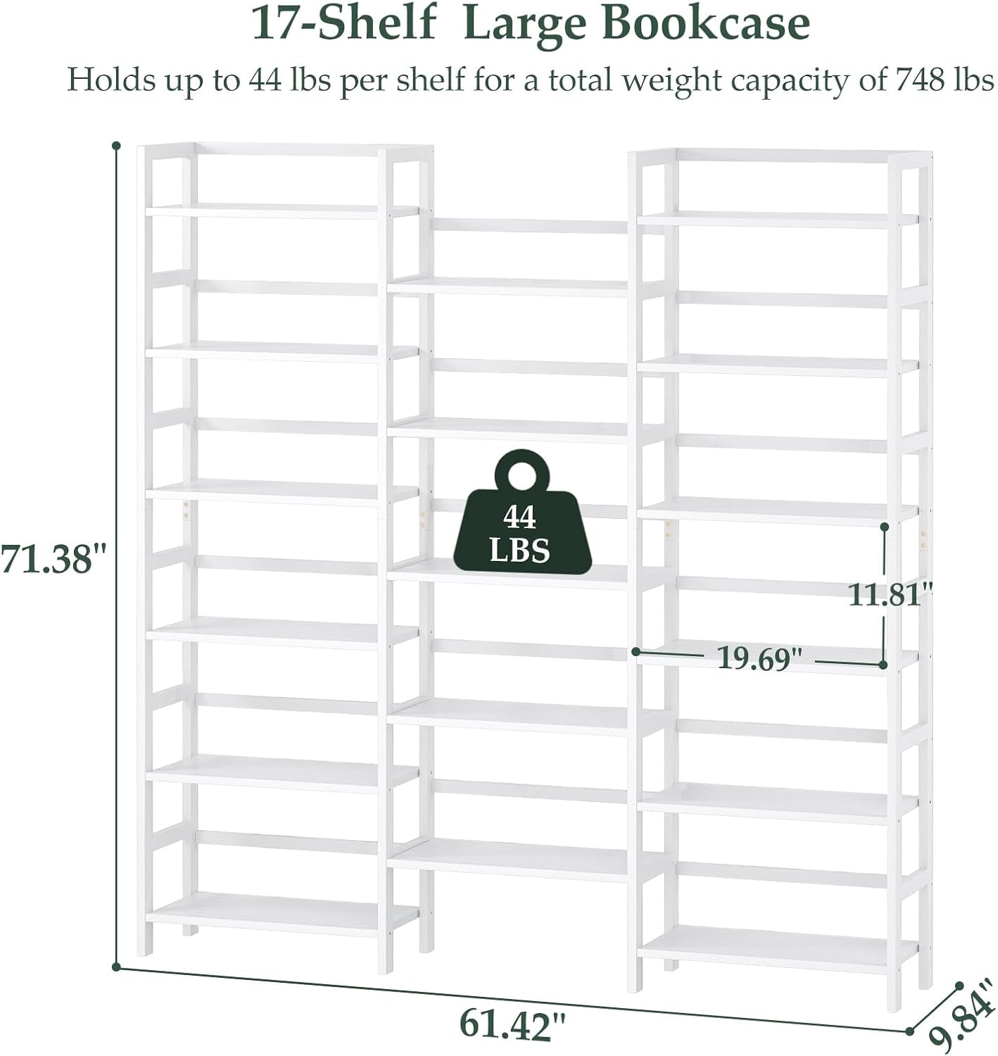 Bamboo Triple Wide Shallow Bookshelves and Bookcases, 6-Tier 6Ft Tall Bookshelf with 17 Open Display Shelves, Super Large Freestanding Book Shelf for Home Office, Bedroom, Living Room, White
