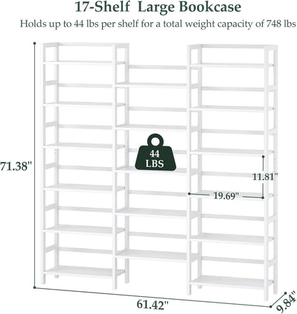 Bamboo Triple Wide Shallow Bookshelves and Bookcases, 6-Tier 6Ft Tall Bookshelf with 17 Open Display Shelves, Super Large Freestanding Book Shelf for Home Office, Bedroom, Living Room, White