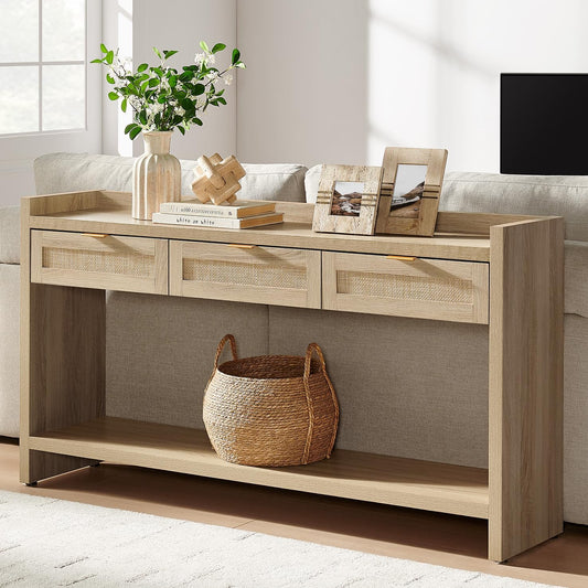 Rattan Console Table for Entryway - Large Boho TV Console Table Entry Table with 3 Storage Drawers, 60" Long Sofa Table behind Couch for Living Room, Hallway, Foyer