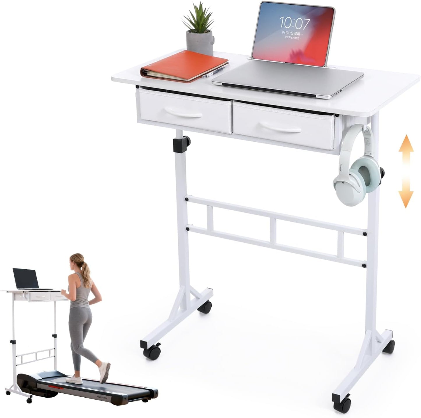 Adjustable Small Standing Desk with Drawers, Height Adjustable Rolling Desk for Home Office, Portable Small Computer Desk with Wheels for Walking Pad, White, Height 27.6"-49.2"