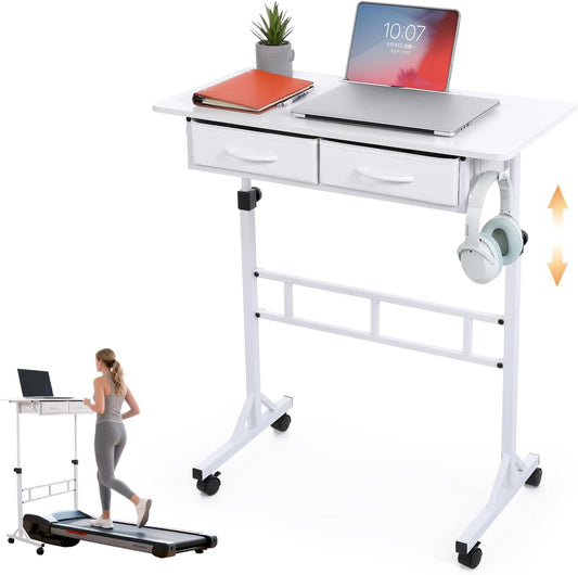 Adjustable Small Standing Desk with Drawers, Height Adjustable Rolling Desk for Home Office, Portable Small Computer Desk with Wheels for Walking Pad, White, Height 27.6"-49.2"