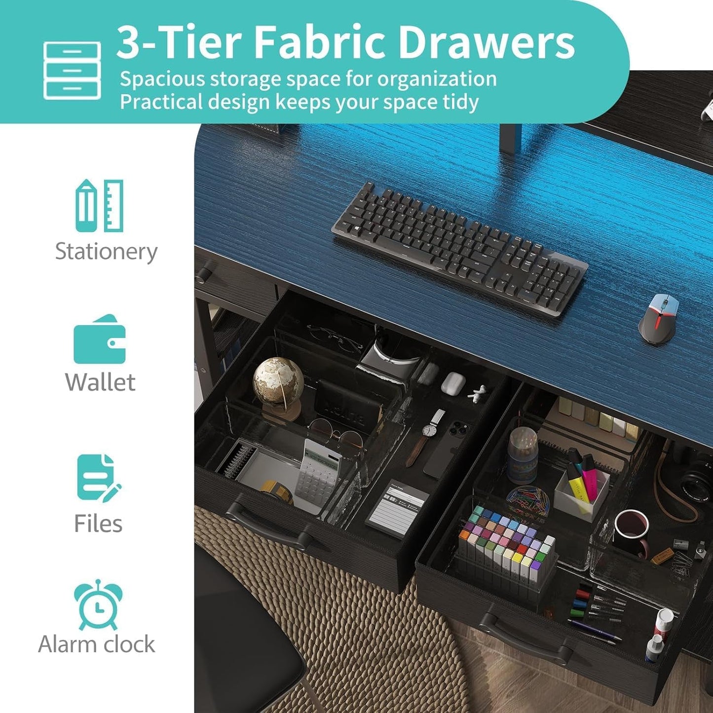 Gaming Desk with Led Lights and Power Outlets, 47 Inch Home Office Desk with Monitor Stand & Shelves, Writing Study Computer Desks with Fabric Drawers for Bedroom, Black