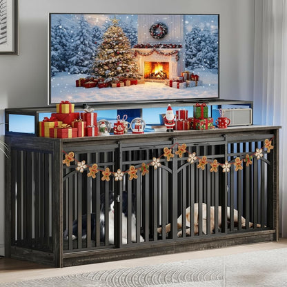 71" Double Dog Crate Furniture with LED Light & Power Outlets, Heavy Duty Dual Dog Kennel TV Stand W Storage Shelves Sliding Doors, Wooden Two Dog Cage Table 2 Medium Large Dogs, Black Oak