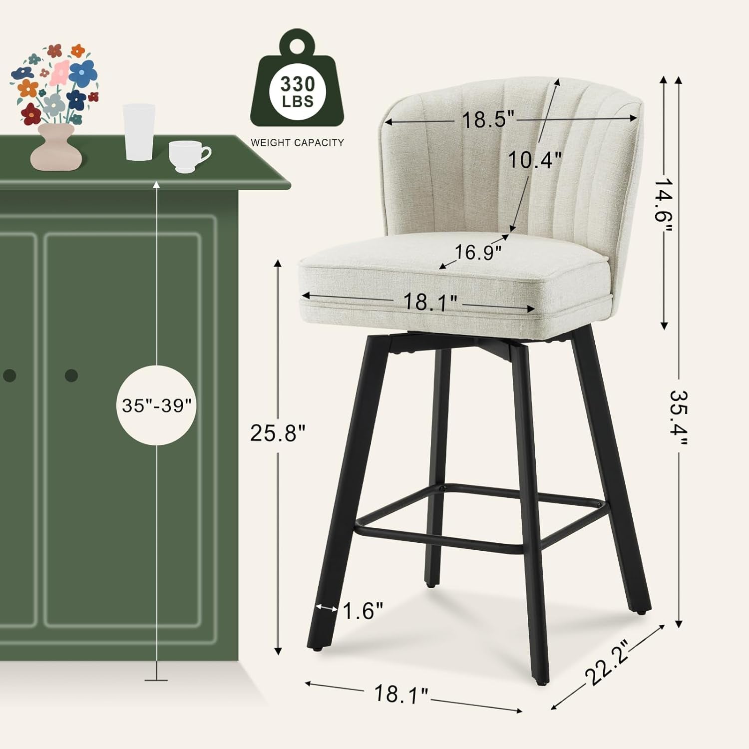 Swivel Counter Height Bar Stools Set of 2, 26'' Modern Barstools with Backs and Metal Legs, Upholstered Bar Chairs, Beige, Fabric Stools for Kitchen Island Chairs