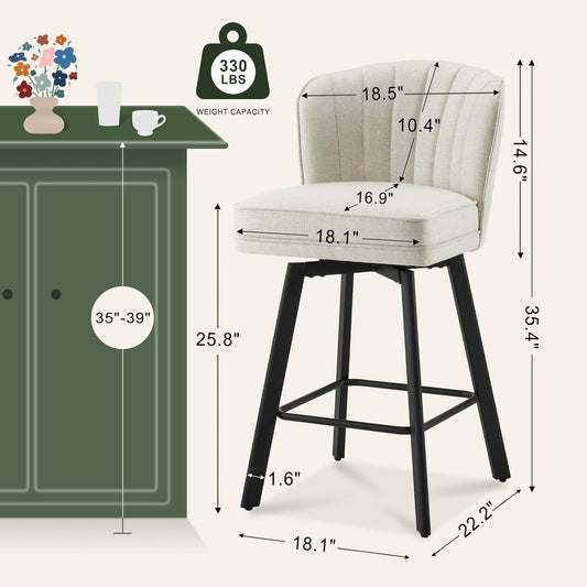 Swivel Counter Height Bar Stools Set of 2, 26'' Modern Barstools with Backs and Metal Legs, Upholstered Bar Chairs, Beige, Fabric Stools for Kitchen Island Chairs