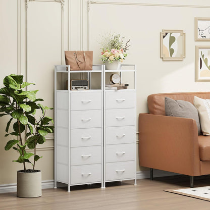 White Tall Night Stand for Bedroom,Tall 5 Drawers Dresser, Vertical Storage Tower Unit, Nightstand Furniture with Fabric Drawer Organizer in Bedside Kids Dorm Room Closet Laundry Entryway
