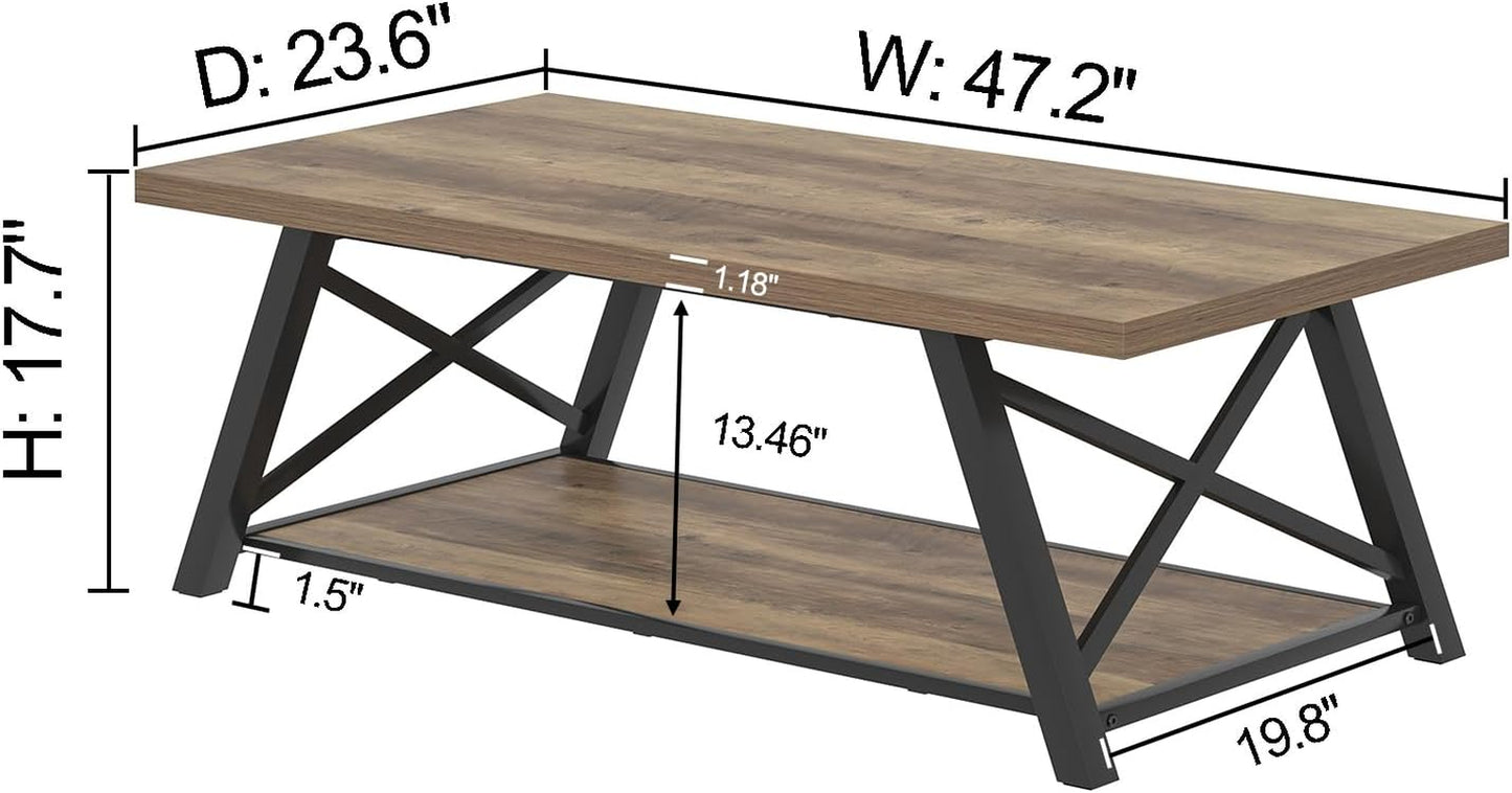 Modern Coffee Table, Rectangle Center Table for Living Room with Storage Shelf, Industrial Wood and Metal Cocktail Tea Table, Rustic Oak, 47 Inch