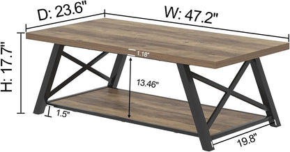 Modern Coffee Table, Rectangle Center Table for Living Room with Storage Shelf, Industrial Wood and Metal Cocktail Tea Table, Rustic Oak, 47 Inch