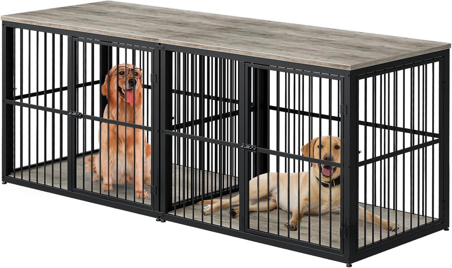 86'' Dog Crate Furniture Large Breed TV Stand for 2 Large Dogs, Double Wooden Crate Pet Cage with Removable Divider, Indoor Heavy Duty Kennel Corner End Table, Can Use Separately, Grey
