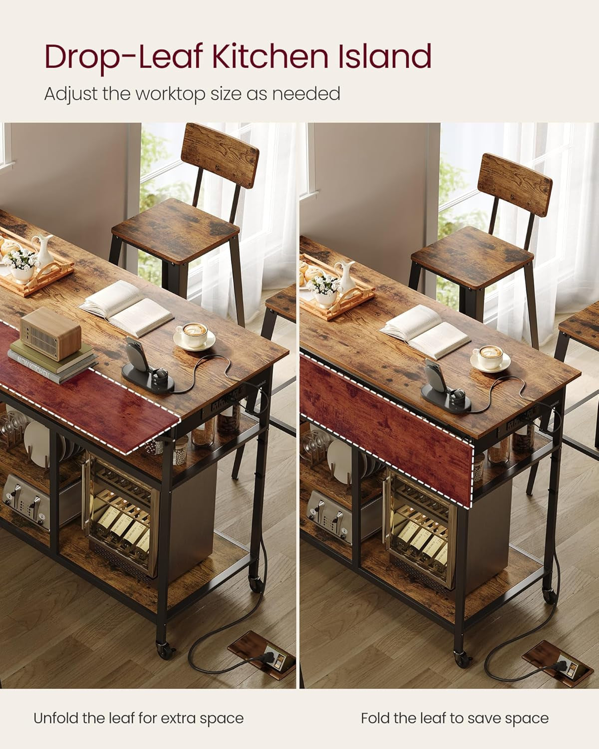 Kitchen Island with Drop Leaf, 47.2" Width Rolling Kitchen Cart with Power Strip, Extendable Worktop, Workbench,Pegboard, Adjustable Shelf, Rustic Brown and Ink Black UKKI013K01