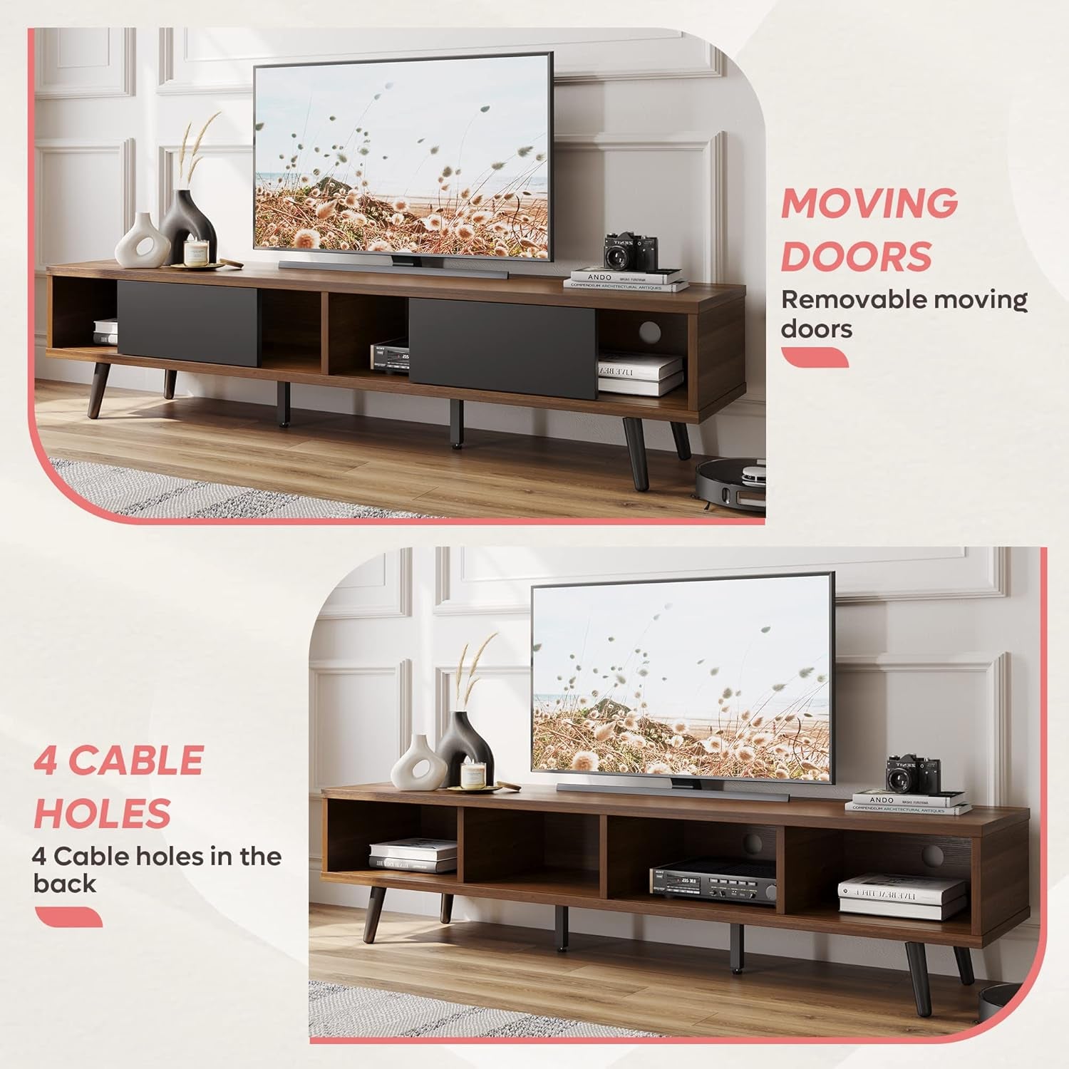 70 Inch Mid Century Modern TV Stand for 75 Inch TV, Low Profile TV Stand with Storage, Entertainment Center for Living Room, Cord Management, Walnut