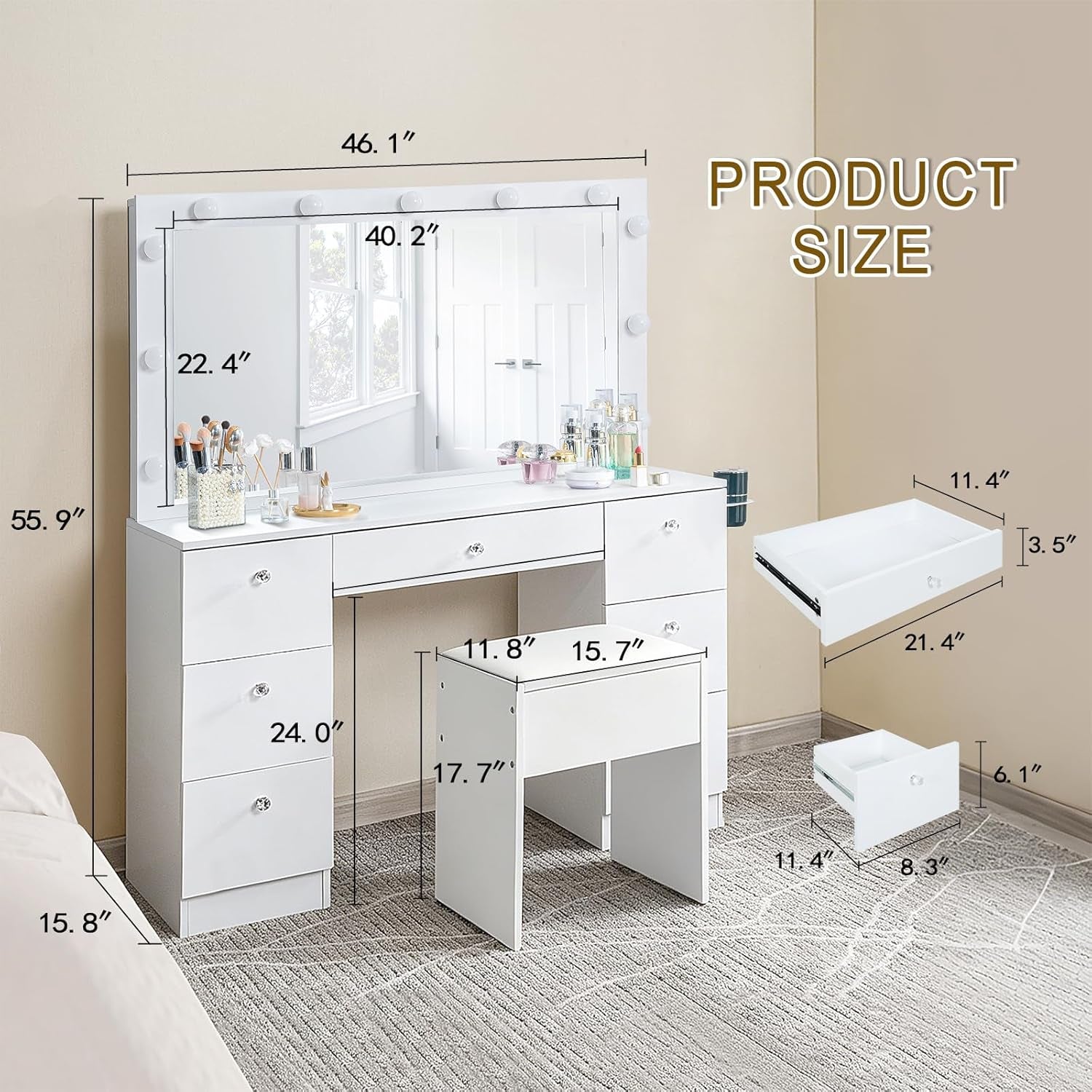 Sweetgo 46" Vanity with Lighted Mirror, Glass Top Makeup Vanity Desk with LED Lights, 3 Color Modes, Charging Station, 7 Drawers Vanity Table Set with Stool for Bedroom, White