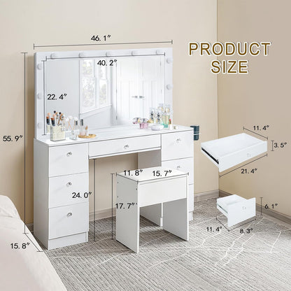 Sweetgo 46" Vanity with Lighted Mirror, Glass Top Makeup Vanity Desk with LED Lights, 3 Color Modes, Charging Station, 7 Drawers Vanity Table Set with Stool for Bedroom, White