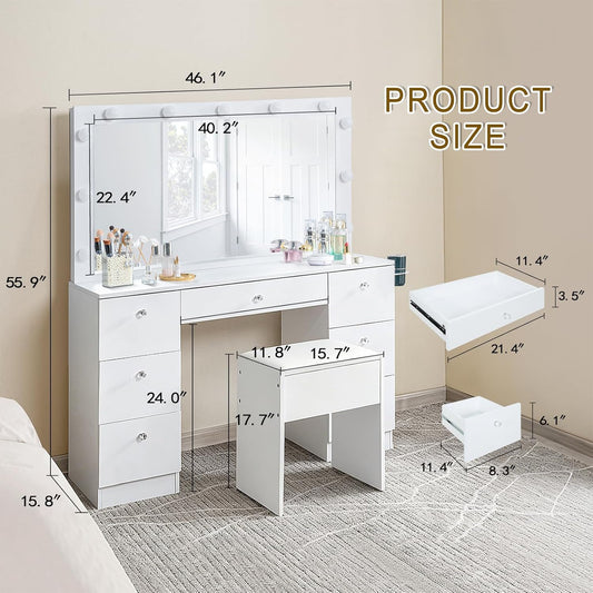 Sweetgo 46" Vanity with Lighted Mirror, Glass Top Makeup Vanity Desk with LED Lights, 3 Color Modes, Charging Station, 7 Drawers Vanity Table Set with Stool for Bedroom, White