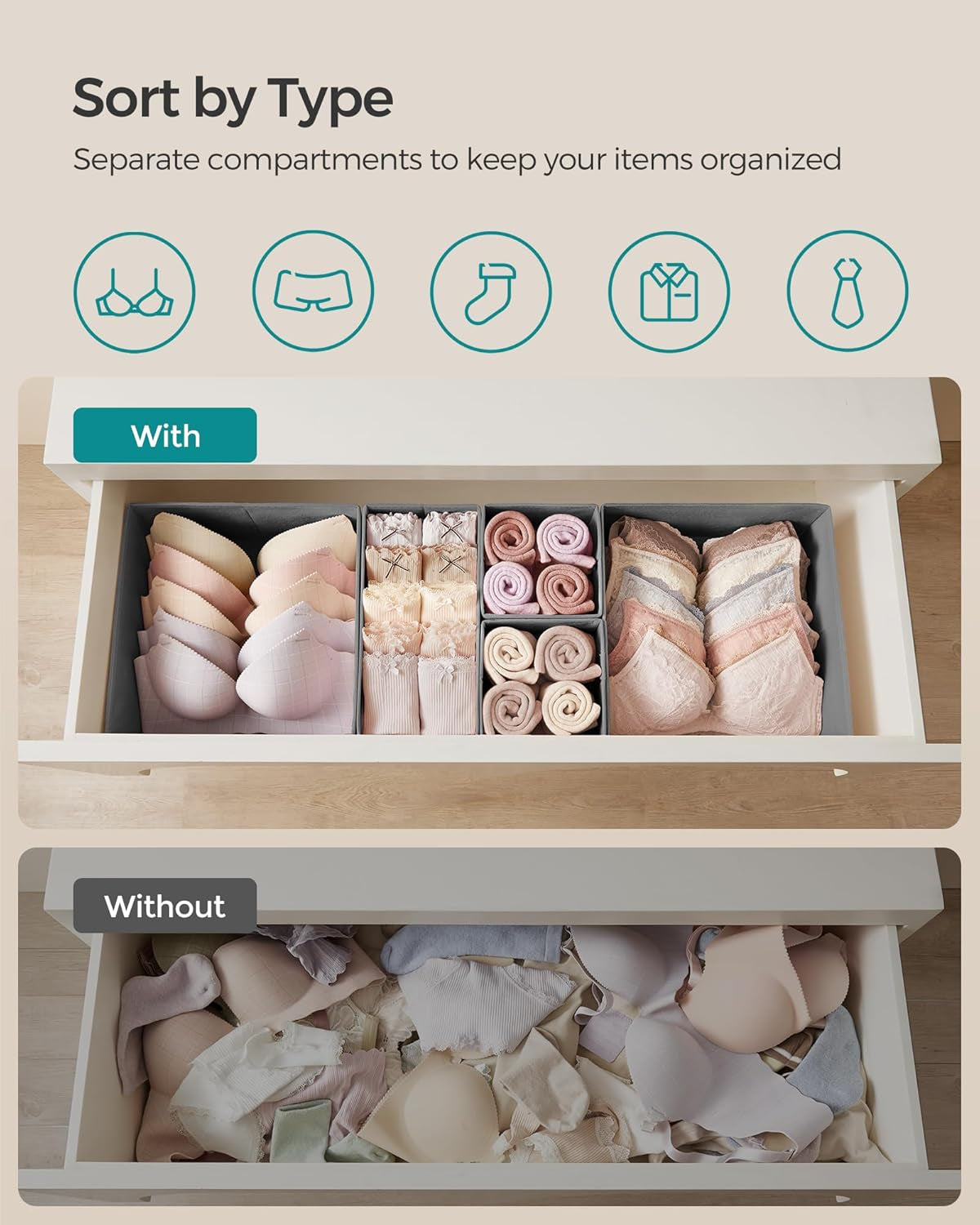 Drawer Organizers, Dresser Divider Organizers, Set of 18, Foldable Fabric Storage Boxes for Socks, Underwear, Bras, Ties, Scarves, Dove Gray URDZ006G05
