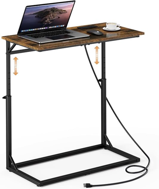 C Shaped End Table with Charging Station, Large C-Table End Table Adjustable Height Side Table for Couch, Couch Table Slide under Sofa Table TV Tray Table for Sofa, Living Room, Bedroom,Brown