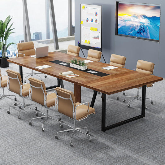 8FT Conference Table, 94.49 L X 47.24 W X 29.53 H Inches Large Meeting Podcast Table for 10 People, Business Style Wooden Training Table with Strong Metal Frame for Office Conference