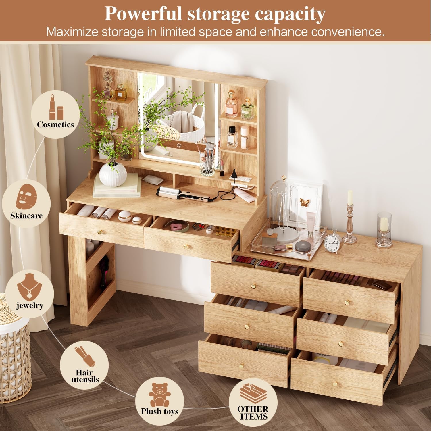 Large Makeup Vanity Desk with Mirror and Lights, Vanity Desk with 8 Drawers & Storage Shelves, Vanity Table with Power Outlet, 3 Color Modes & Adjustable Brightness Dressing Table, Bedroom,Oak