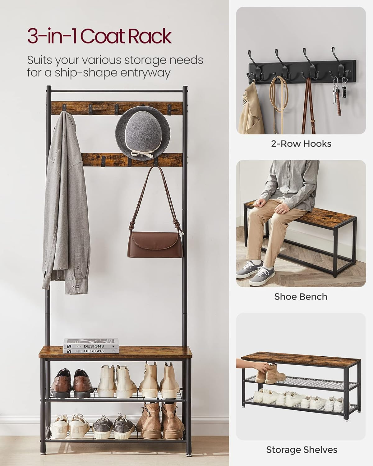 Coat Rack, Hall Tree with Shoe Storage Bench, Entryway Bench with Shoe Storage, 3-In-1, Steel Frame, for Entryway, 12.6 X 27.6 X 68.9 Inches, Industrial, Rustic Brown and Black UHSR41BX