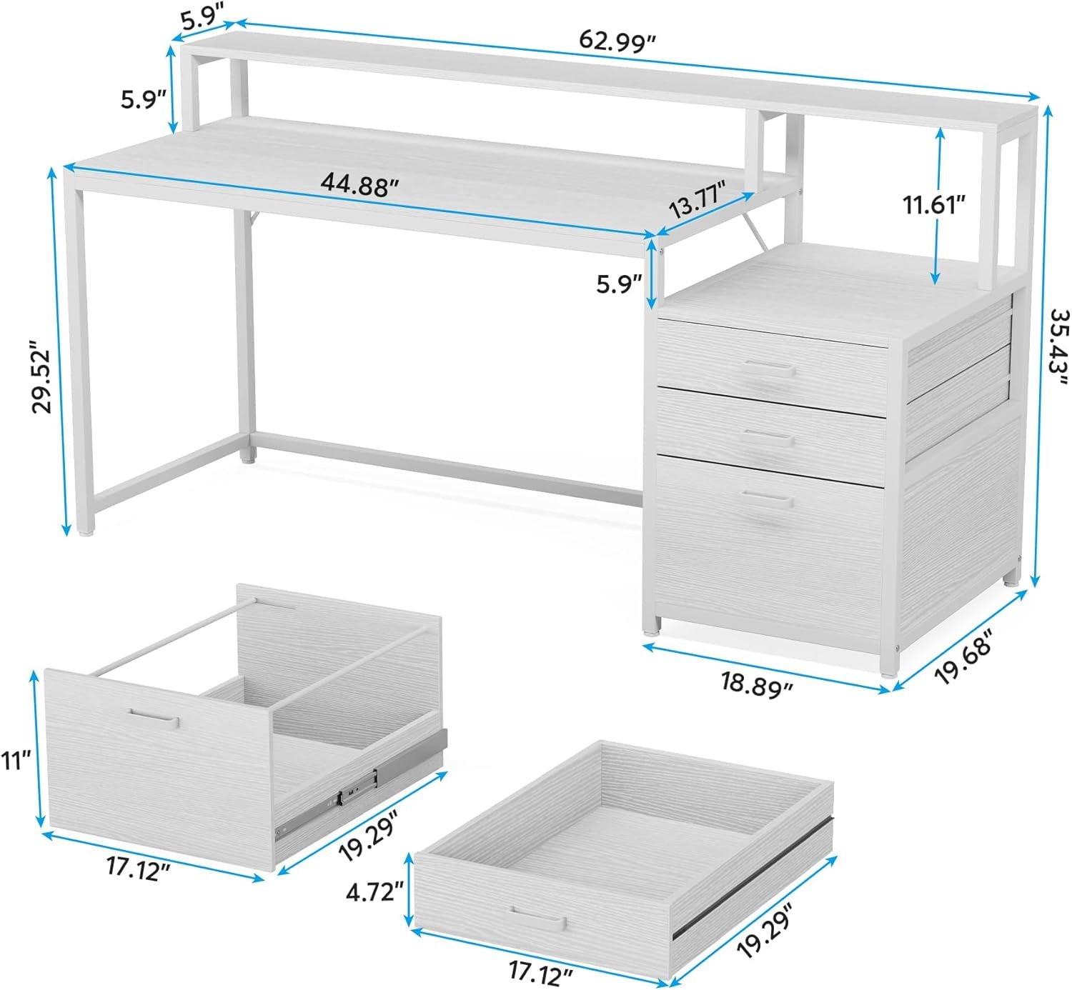 63 Inch Computer Desk with File Drawer Cabinet, Ergonomic Office Desk with Monitor Stand, Computer Table with Printer Space, Wood PC Table Workstation Desk for Home Office, White