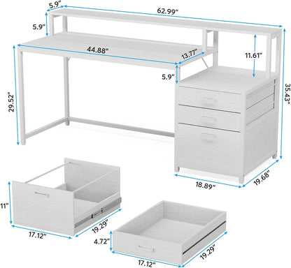 63 Inch Computer Desk with File Drawer Cabinet, Ergonomic Office Desk with Monitor Stand, Computer Table with Printer Space, Wood PC Table Workstation Desk for Home Office, White