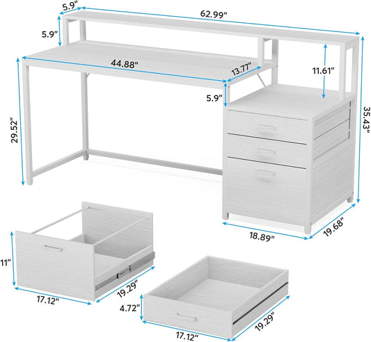 63 Inch Computer Desk with File Drawer Cabinet, Ergonomic Office Desk with Monitor Stand, Computer Table with Printer Space, Wood PC Table Workstation Desk for Home Office, White