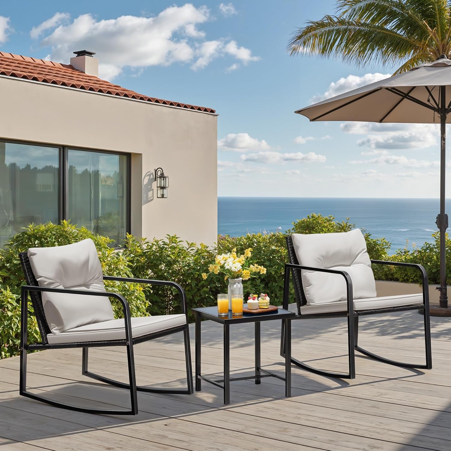 3 Pieces Rocking Wicker Bistro Set, Patio Outdoor Furniture Conversation Sets with Porch Chairs and Glass Coffee Table, Beige