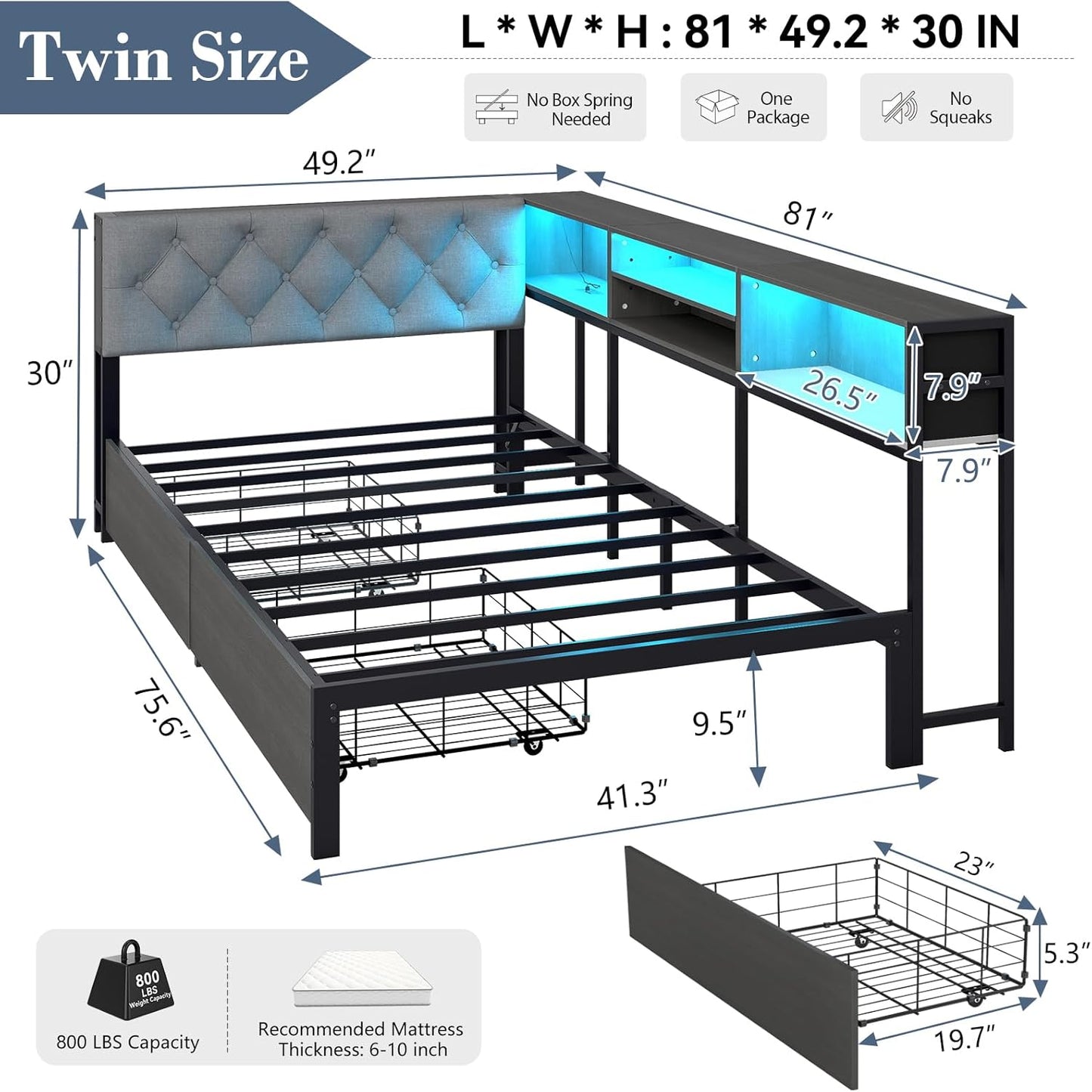 Corner Bed Frame with Storage Bookcase and LED Lights Twin Platform Bed Frame with Upholstered Headboard and Charging Station, Twin Daybed with 2 Storage Drawers, Dark Gray